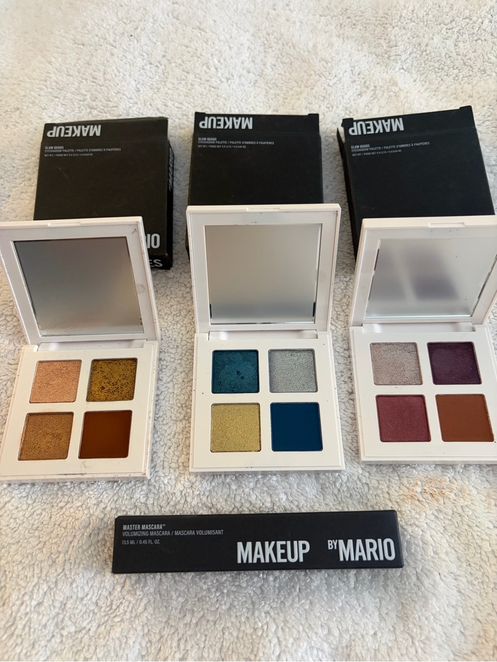 Makeup By Mario Trio 4-Shade Eyeshadow Palettes — Gold, Blue, Plum and mascara